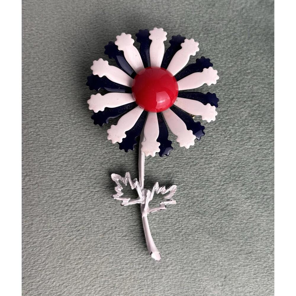 Vtg‎ Long Stem Daisy Flower Brooch Red White Blue Bloom P036